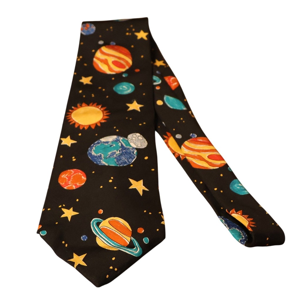 Save the Children Out to Space Silk Necktie Mens Black Silk Planets Vintage 90s